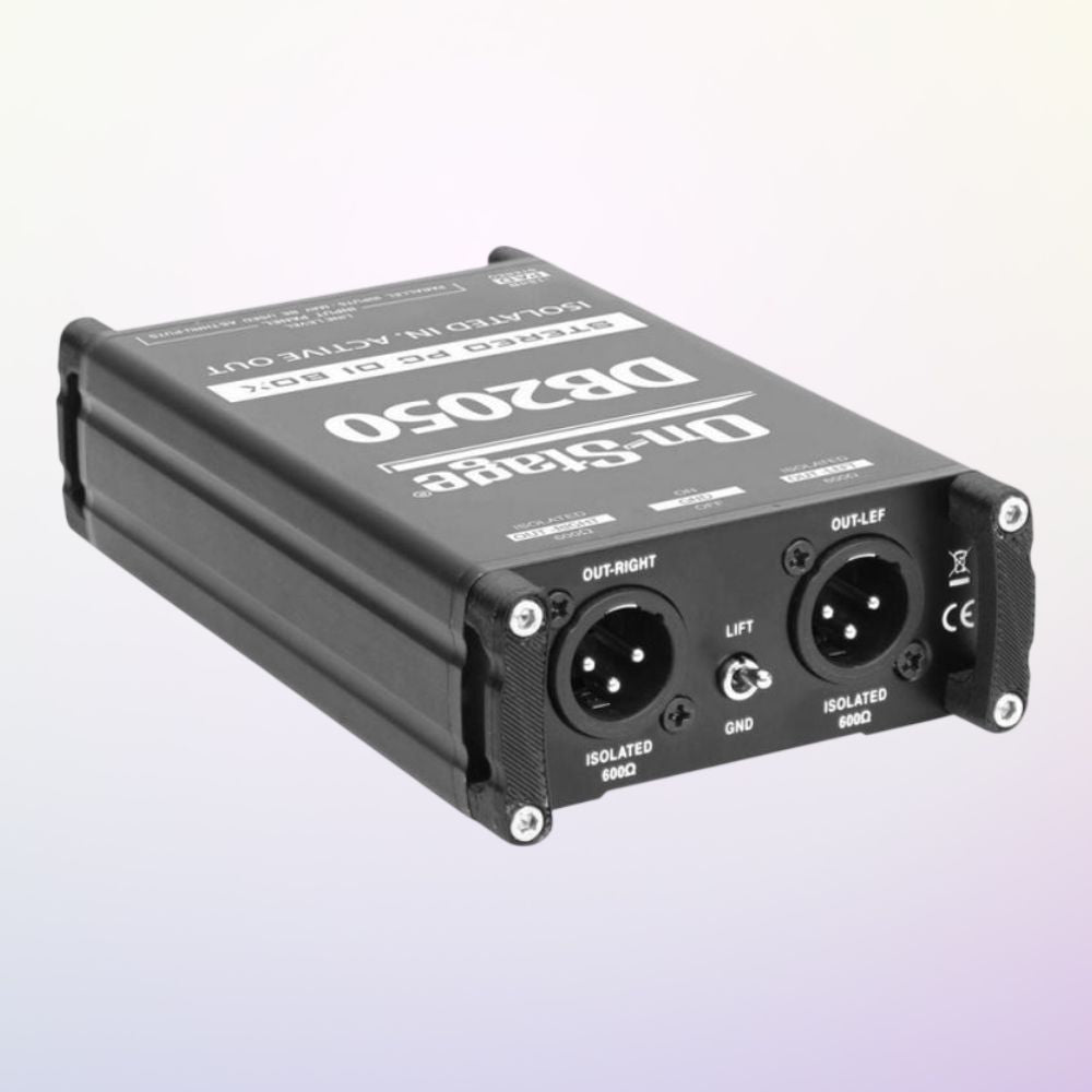 Angled view of On-Stage Active Stereo Multimedia DI Box on purple background