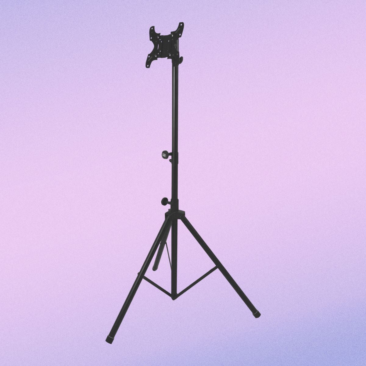 Angled front view of On-Stage Air-Lift Flat Screen Mounting System on pink and purple gradient background