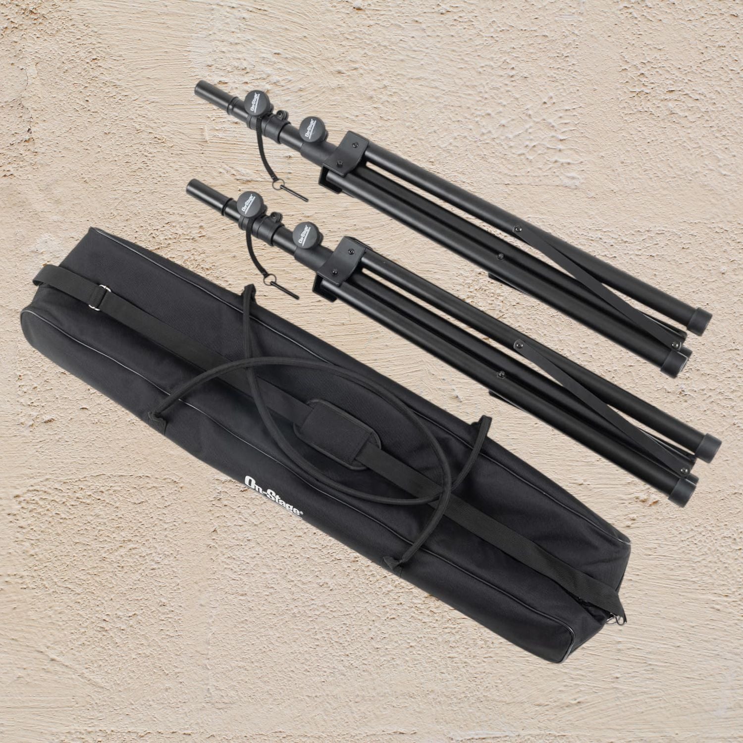 Inclusions of On-Stage All-Aluminum Speaker Stand Pack on beige background