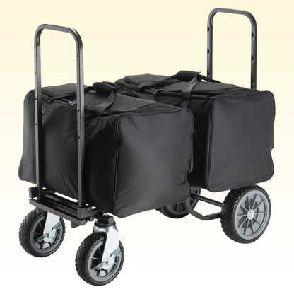 Angled view of On-Stage All-Terrain Utility Cart with bags loaded on yellow background