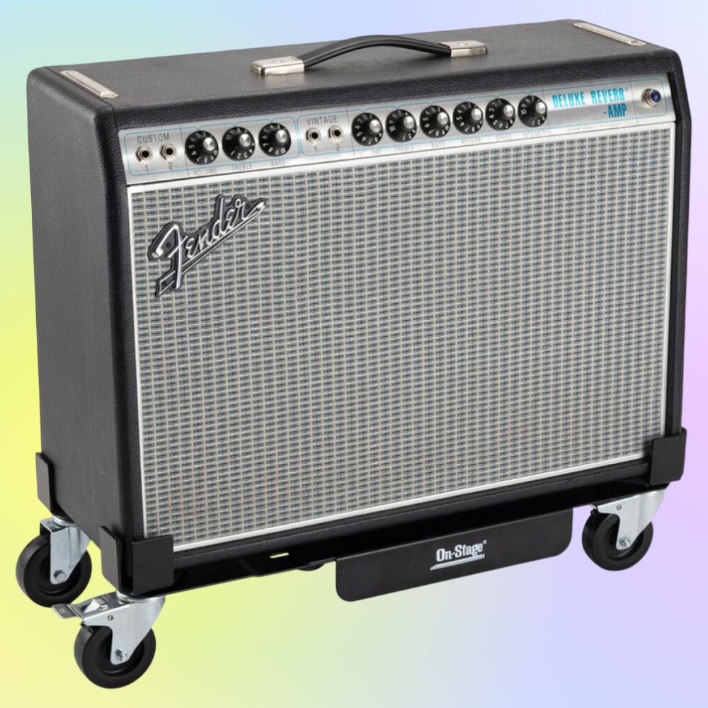 Angled view of On-Stage Amp Glider with amplifier mounted on multicolored background