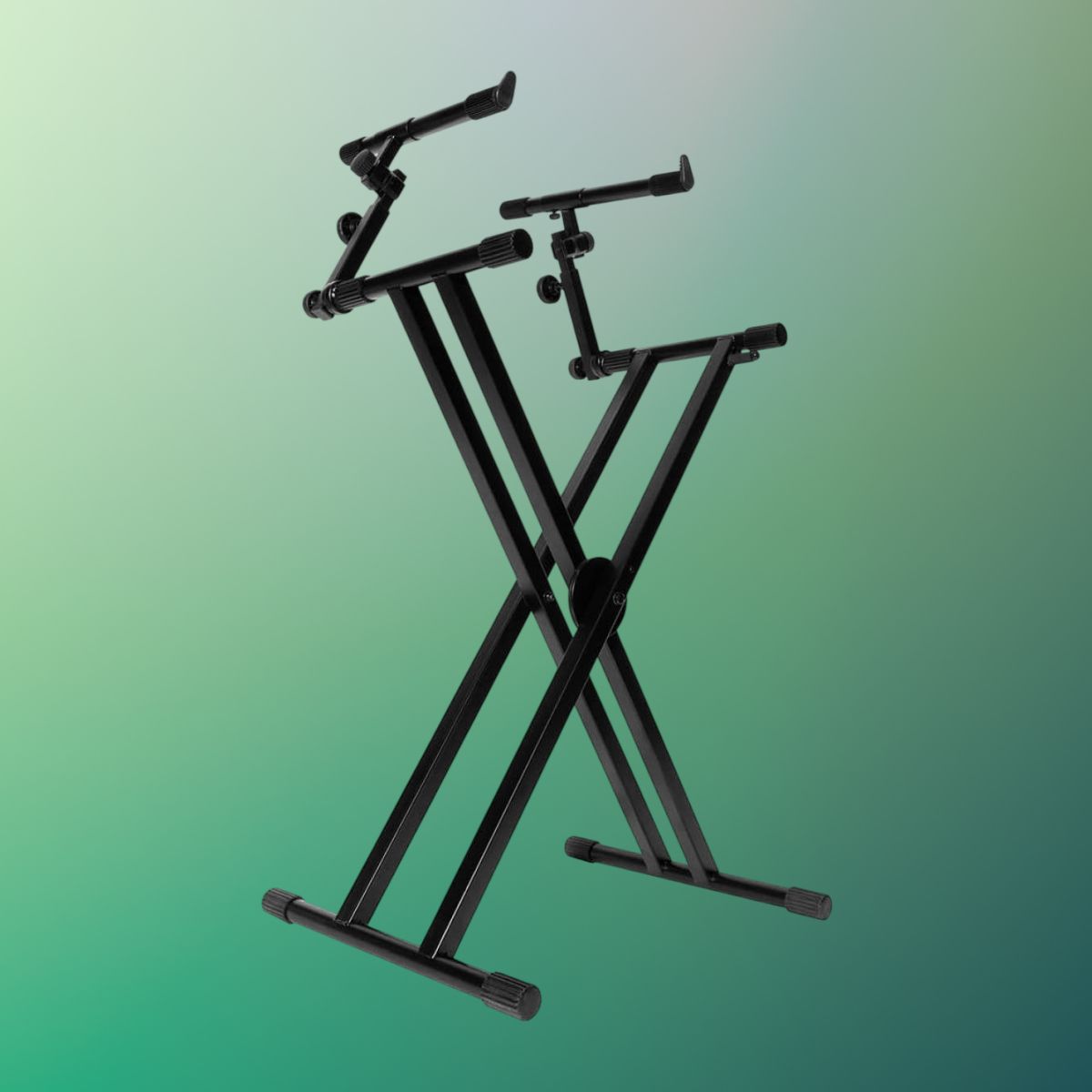 Angled view of On-Stage Double-X ERGO-LOK Keyboard Stand with Second Tier on green background