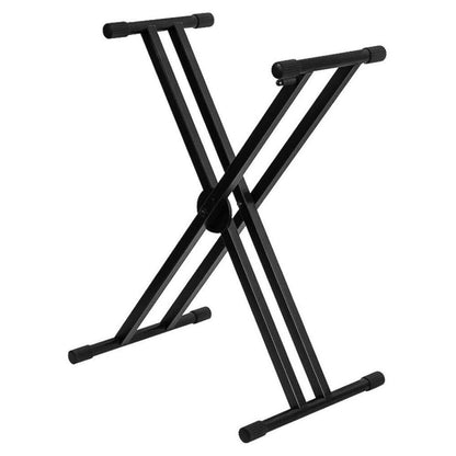 Angled view of On-Stage ERGO-LOK Double-X Keyboard Stand with Welded Construction on white background