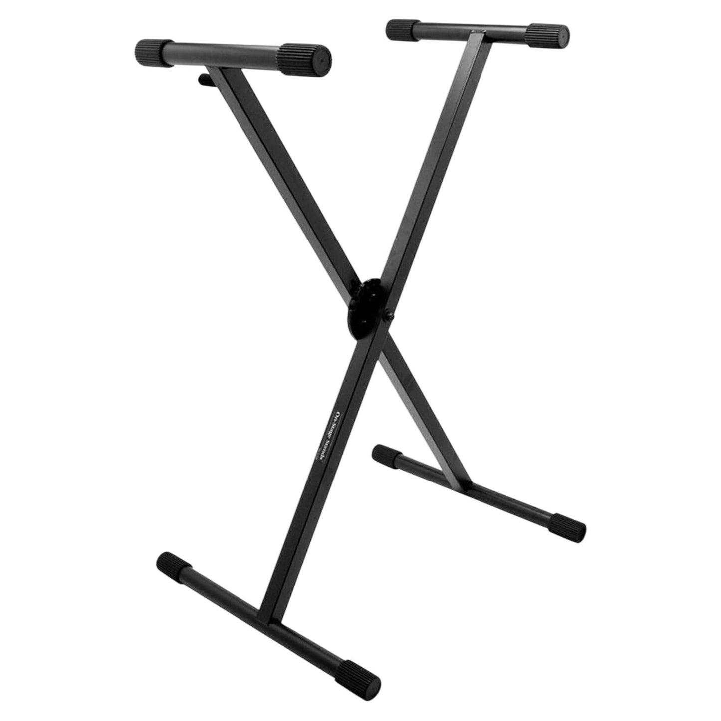 Angled view of On-Stage ERGO-LOK Single-X Keyboard Stand with Welded Construction on white background