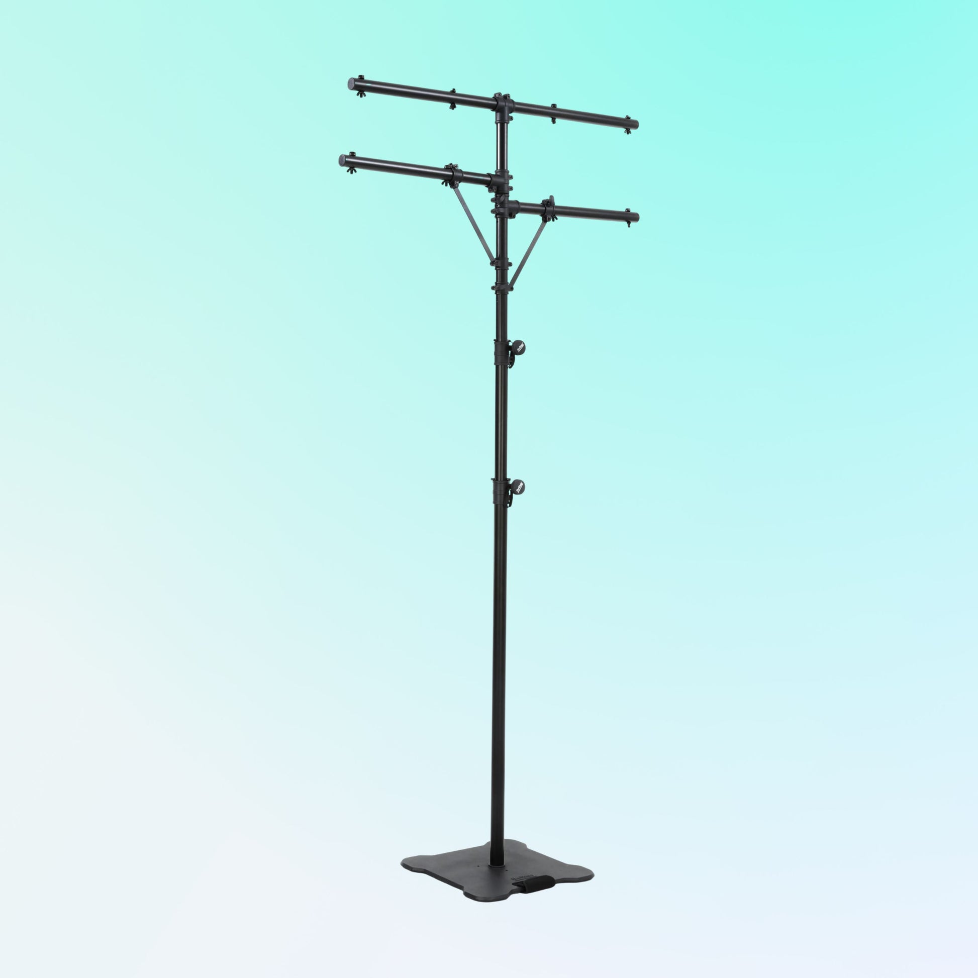 Angled view of On-Stage Flat-Base Lighting Stand on blue background