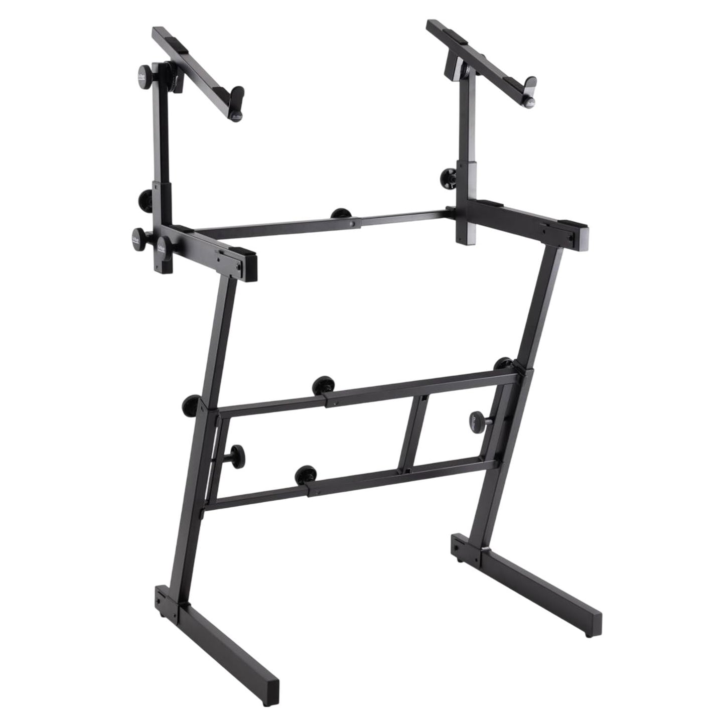 Angled view of On-Stage Folding-Z Keyboard Stand with Second Tier on white background