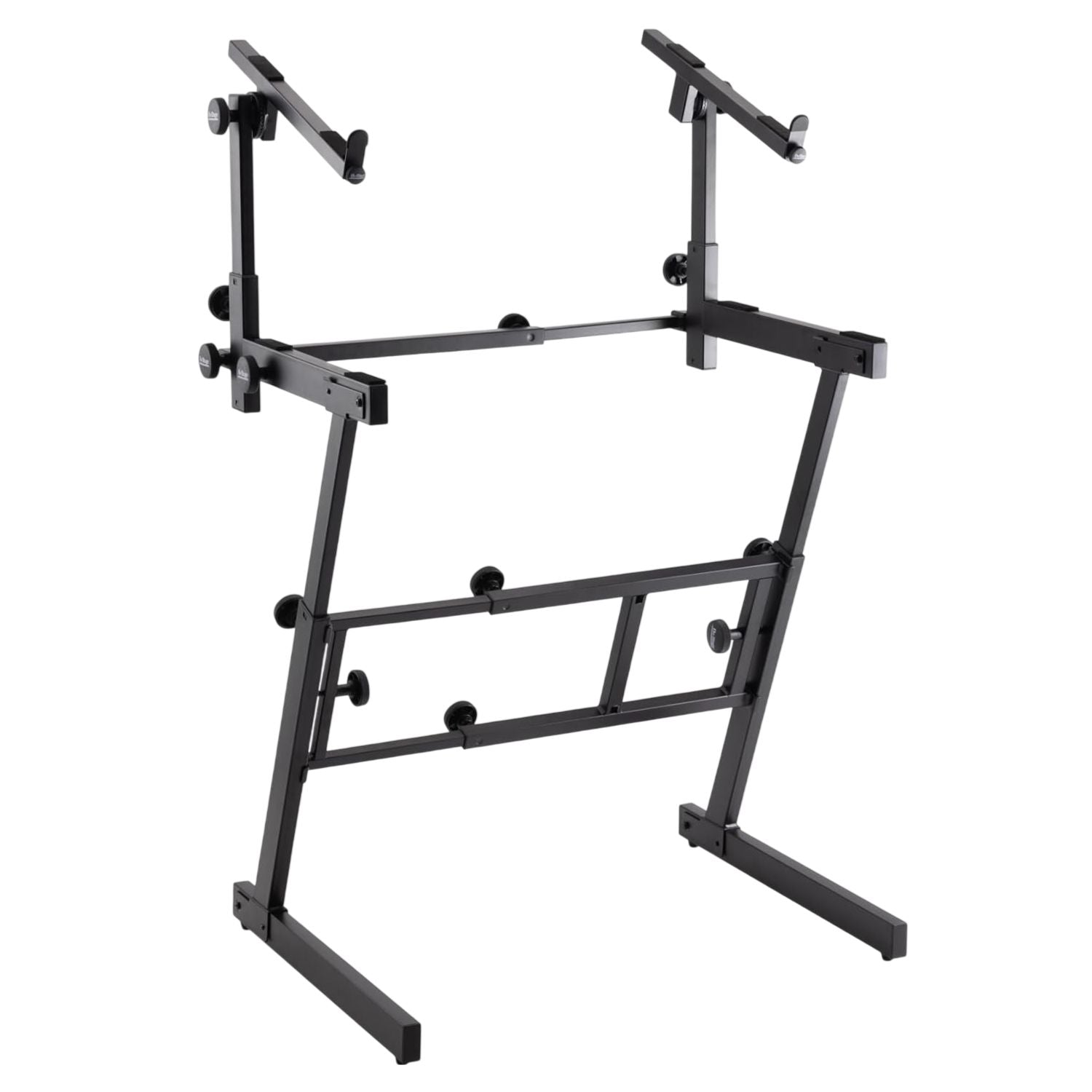 Angled view of On-Stage Folding-Z Keyboard Stand with Second Tier on white background