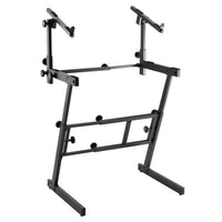 Angled view of On-Stage Folding-Z Keyboard Stand with Second Tier on white background
