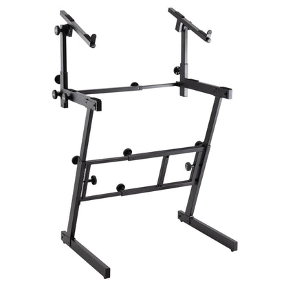 Angled view of On-Stage Folding-Z Keyboard Stand with Second Tier on white background