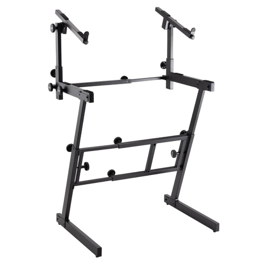 Angled view of On-Stage Folding-Z Keyboard Stand with Second Tier on white background