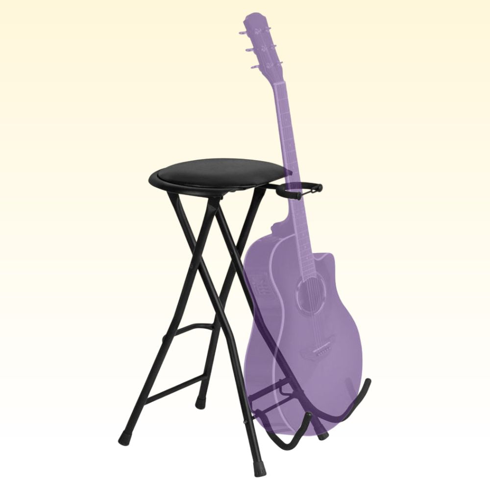 Angled view of On-Stage Guitarist Stool with Foot Rest with silhouette of guitar mounted on yellow background