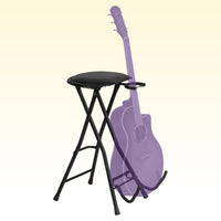 Angled view of On-Stage Guitarist Stool with Foot Rest with silhouette of guitar mounted on yellow background