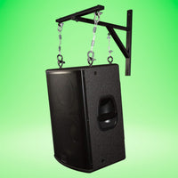 Angled view of On-Stage Hanging Speaker Bracket with speaker mounted on green background