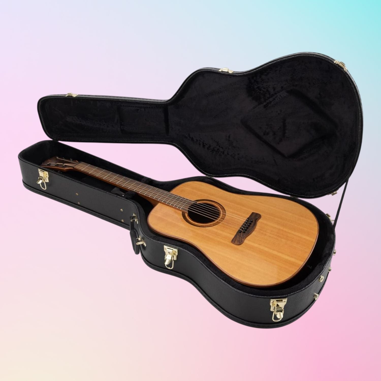 Angled front view of On-Stage Hardshell Acoustic Guitar Case with open lid and acoustic guitar inside on pink and blue gradient background