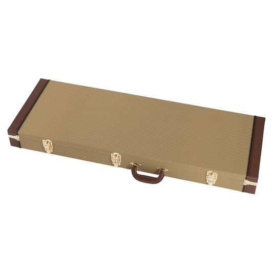 Angled view of On-Stage Hardshell Electric Guitar Case (Tweed) on white background
