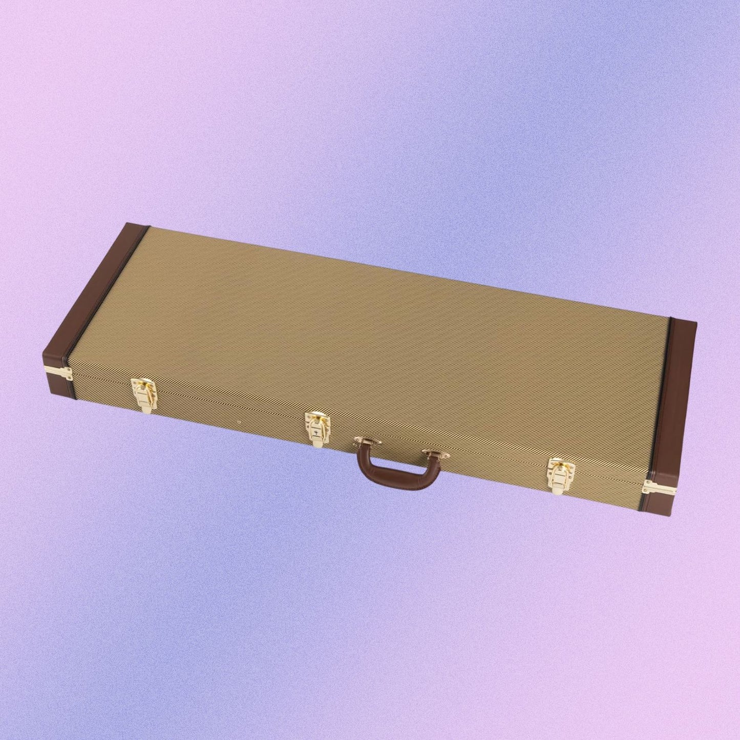 Angled view of On-Stage Hardshell Electric Guitar Case (Tweed) on purple gradient background