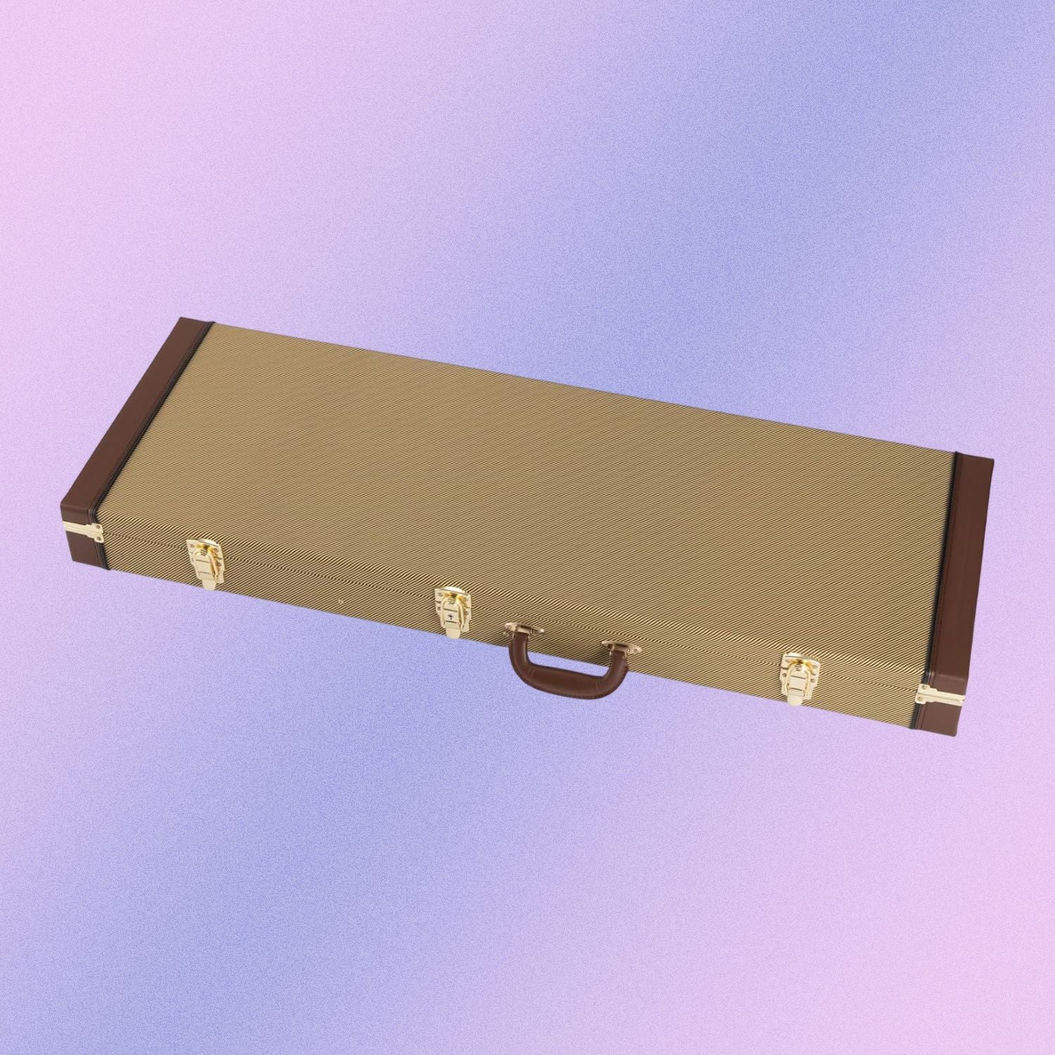 Angled view of On-Stage Hardshell Electric Guitar Case (Tweed) on purple gradient background