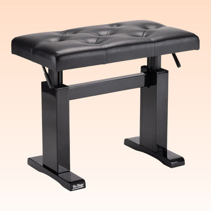 Angled view of On-Stage Height-Adjustable Piano Bench on orange background