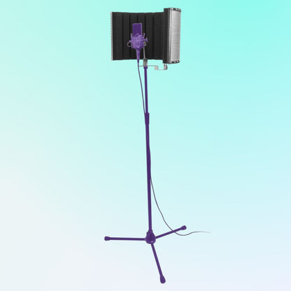 On-Stage Isolation Shield mounted on mic stand with mic ready for recording on blue background