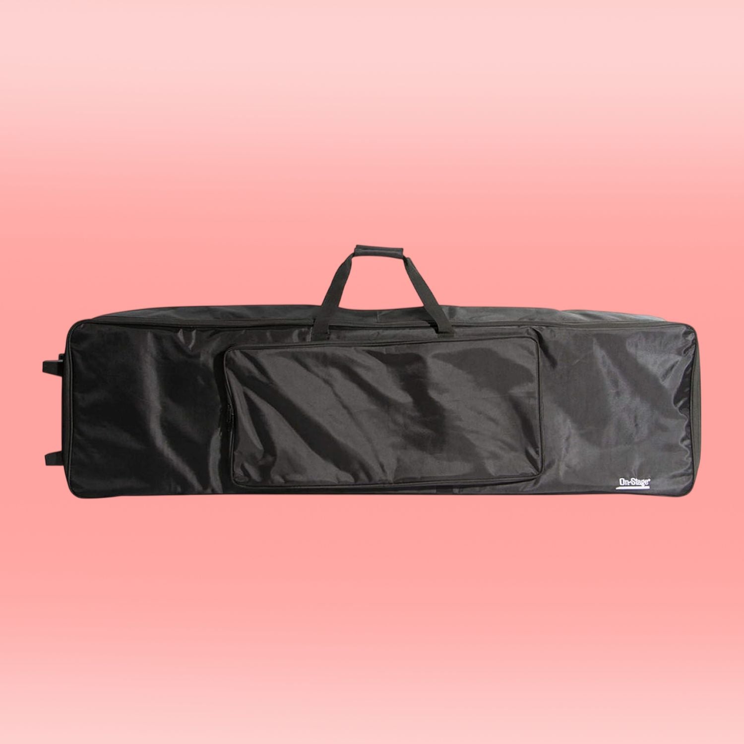 Front view of On-Stage KBA4088 88-Key Keyboard Bag on pink background