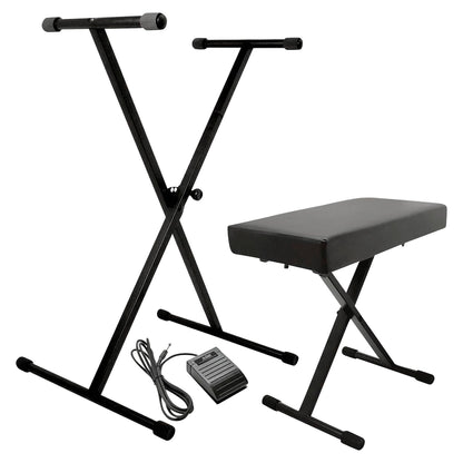 Inclusions of On-Stage Keyboard Stand and Bench Pack with Keyboard Sustain Pedal on white background