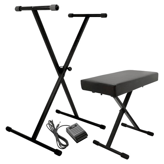 Inclusions of On-Stage Keyboard Stand and Bench Pack with Keyboard Sustain Pedal on white background