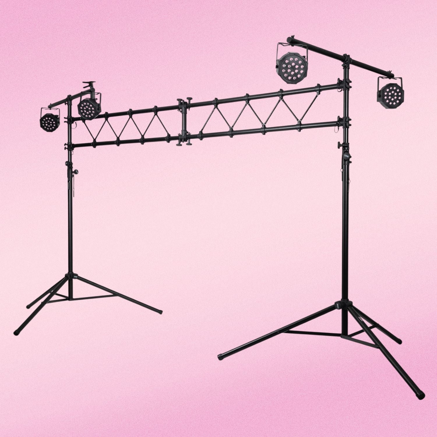 Angled view of On-Stage Lighting Stand with Truss with lights mounted on pink background