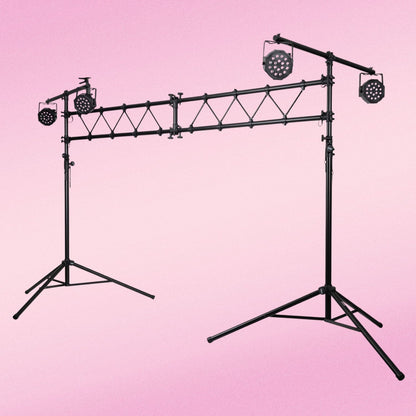 Angled view of On-Stage Lighting Stand with Truss with lights mounted on pink background