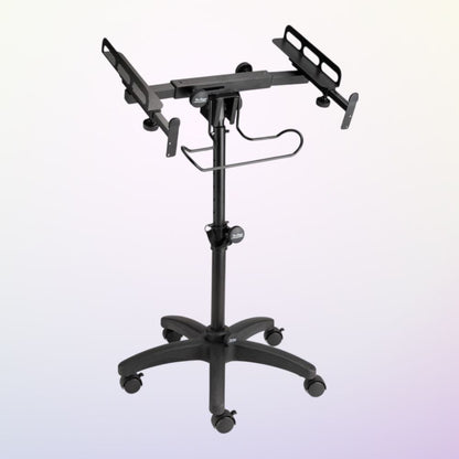 Angled view of On-Stage Mobile Mixer/Controller Stand on purple background