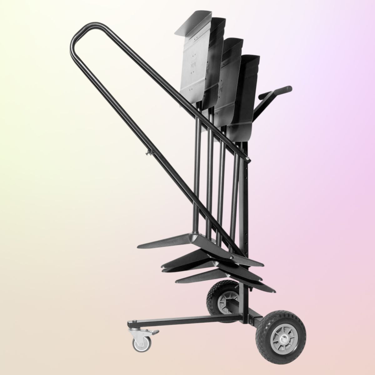 Angled view of On-Stage Music Stand Cart with music stands mounted on multi-colored background