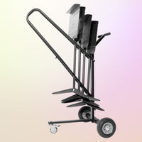 Angled view of On-Stage Music Stand Cart with music stands mounted on multi-colored background