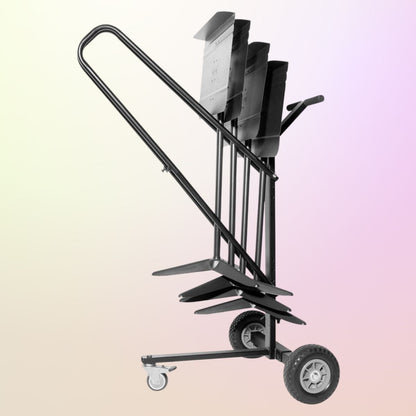 Angled view of On-Stage Music Stand Cart with music stands mounted on multi-colored background
