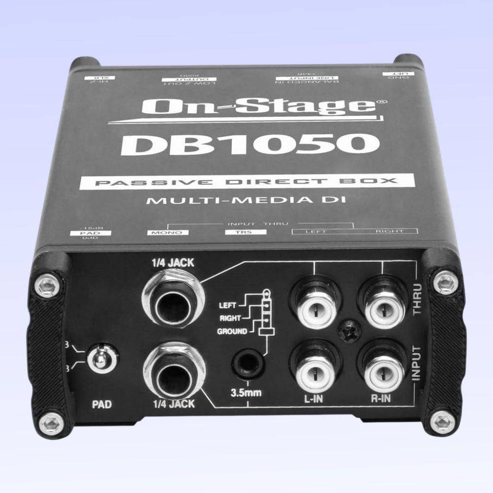 Angled bottom view of On-Stage Passive Multimedia DI Box on purple background