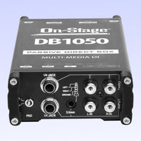Angled bottom view of On-Stage Passive Multimedia DI Box on purple background