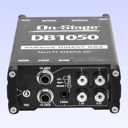 Angled bottom view of On-Stage Passive Multimedia DI Box on purple background