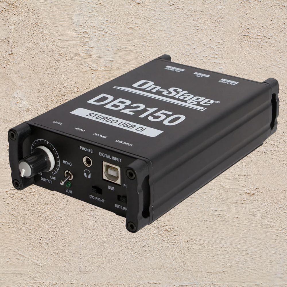 Angled view of On-Stage Passive USB DI Box on beige background