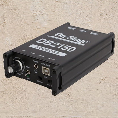 Angled view of On-Stage Passive USB DI Box on beige background