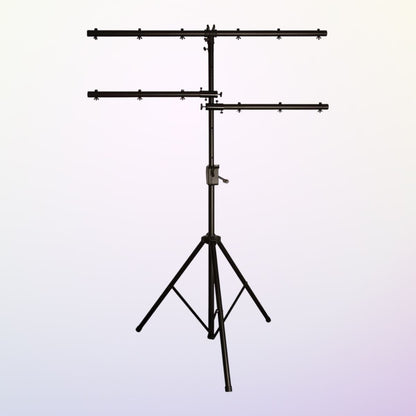 Front view of On-Stage Power Crank-Up Lighting Stand on purple background
