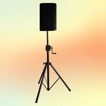 Angled view of On-Stage Power Crank-Up Speaker Stand with speaker mounted on yellow and orange background