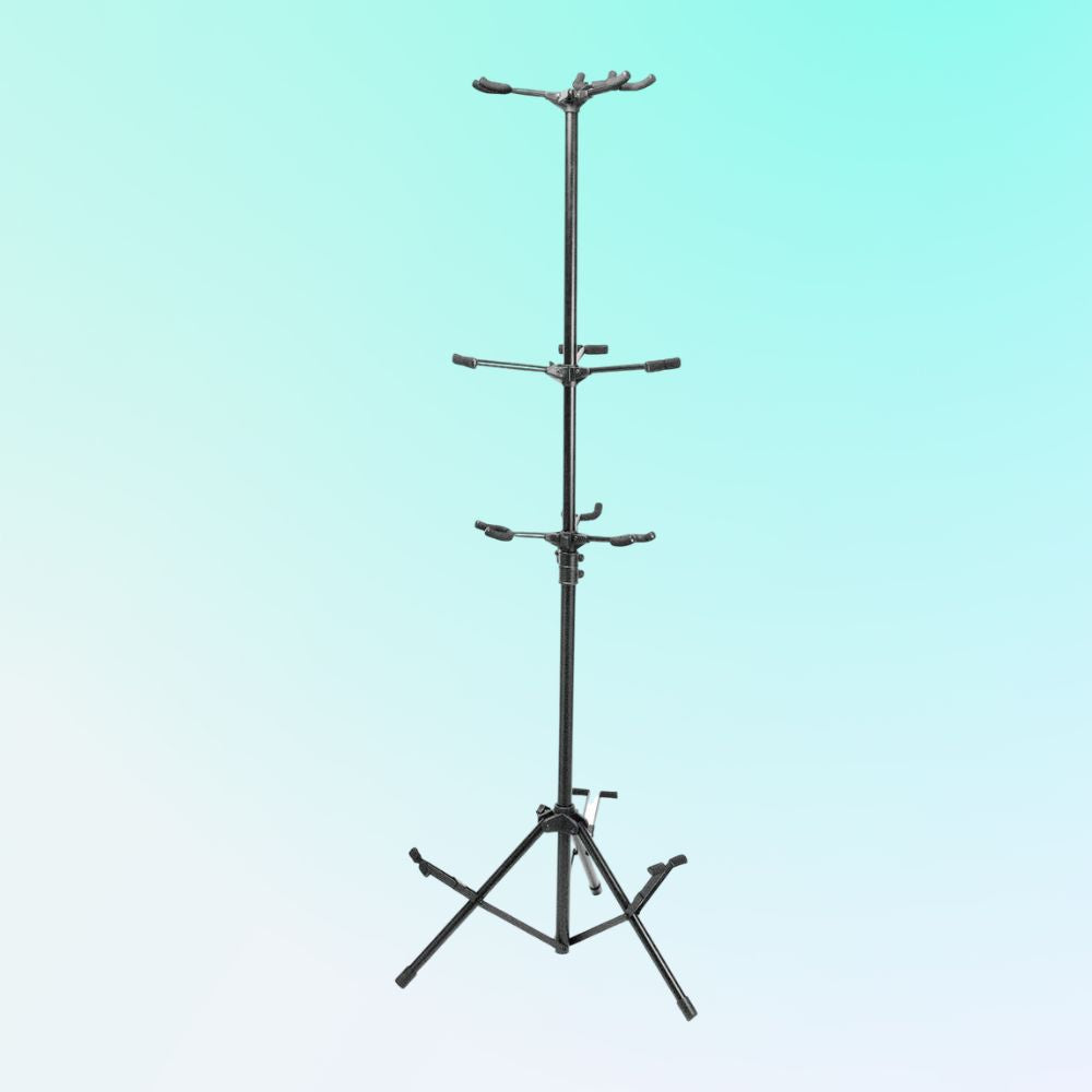 Angled view of On-Stage Six-Guitar Stand on blue background