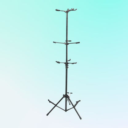 Angled view of On-Stage Six-Guitar Stand on blue background