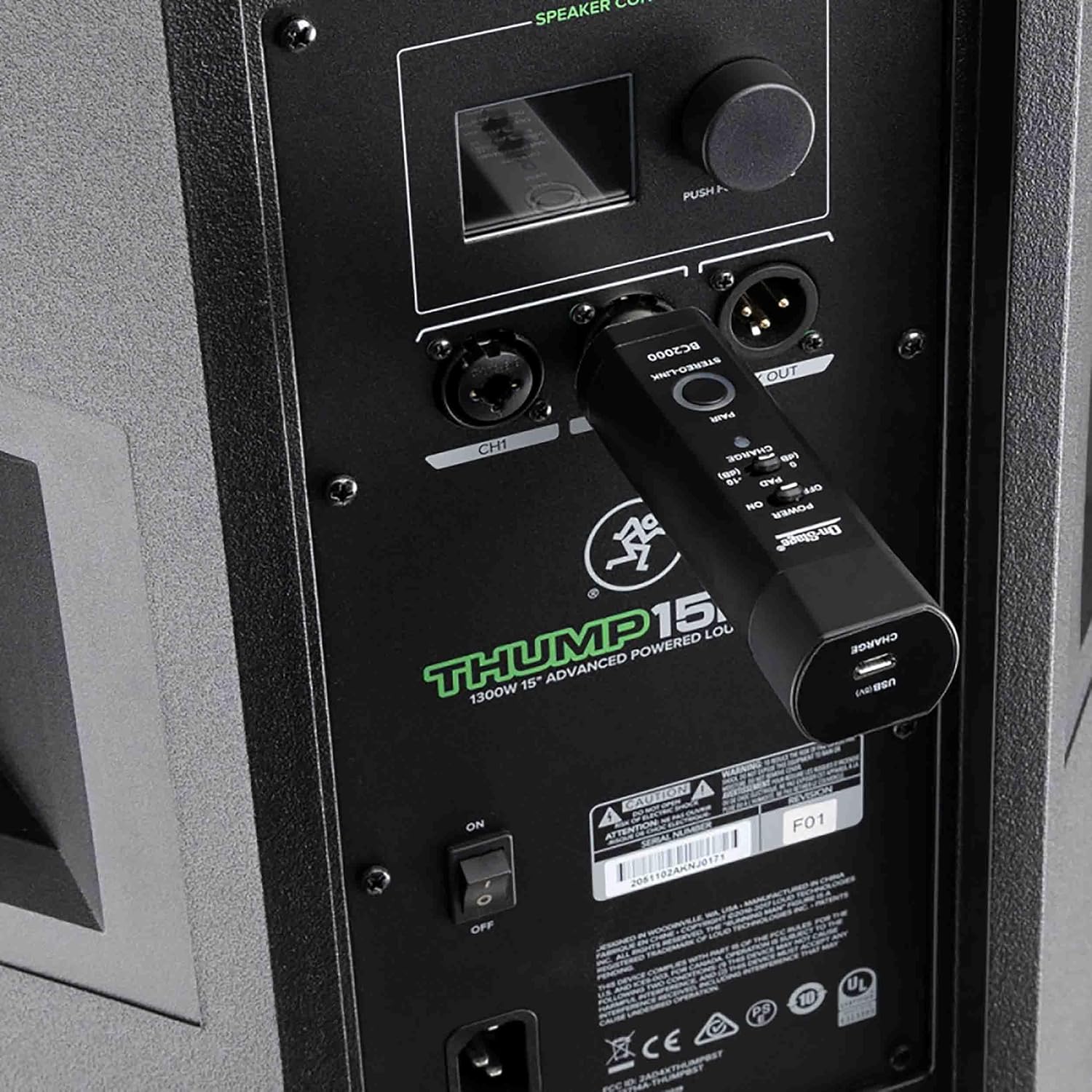 On-Stage Stereo Bluetooth Converter attached to a PA speaker