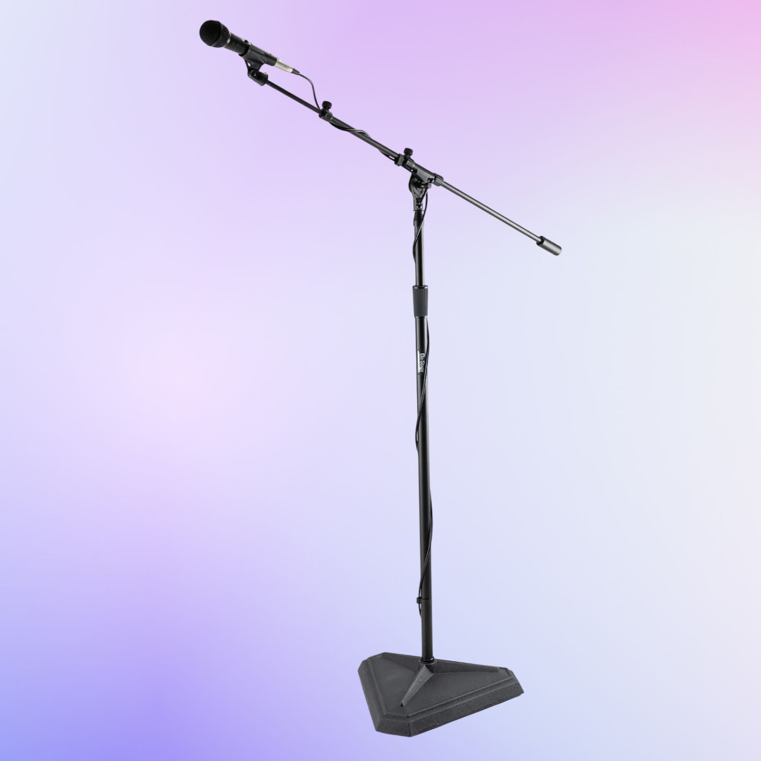 Angled view of On-Stage Studio Mic Boom with dynamic mic mounted on purple gradient background
