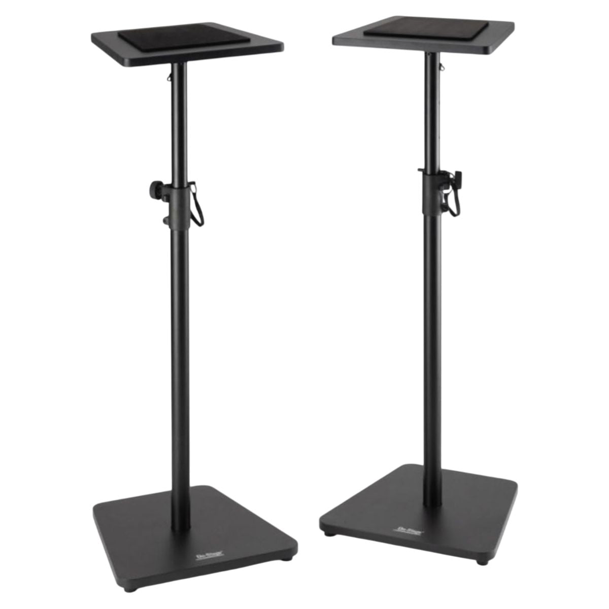 Angled view of On-Stage Wood Studio Monitor Stands (Pair) Black on white background