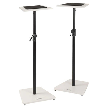 Angled view of On-Stage Wood Studio Monitor Stands (Pair) White on white background