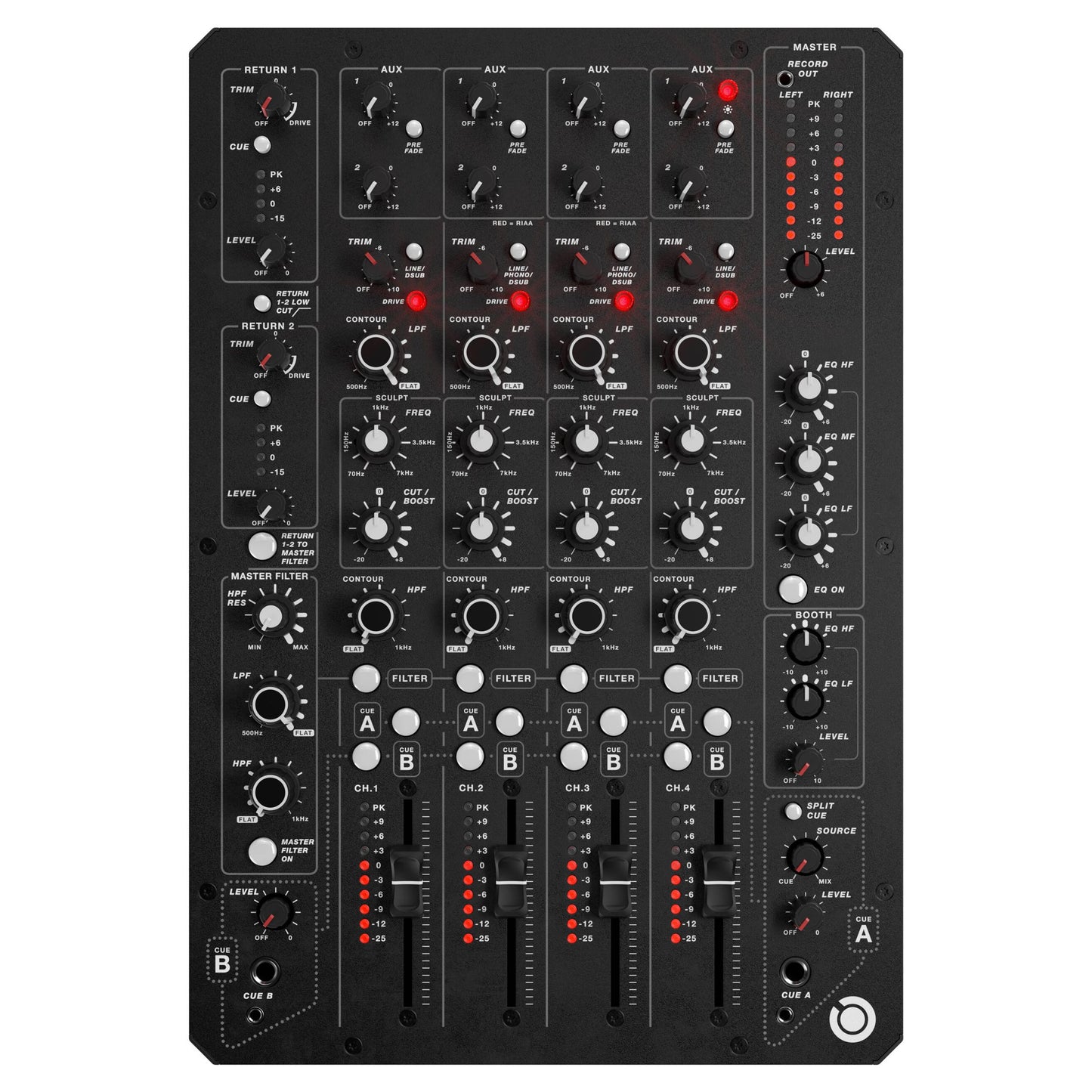 Front view of PLAYdifferently MODEL 1.4 4-Channel DJ Mixer on white background