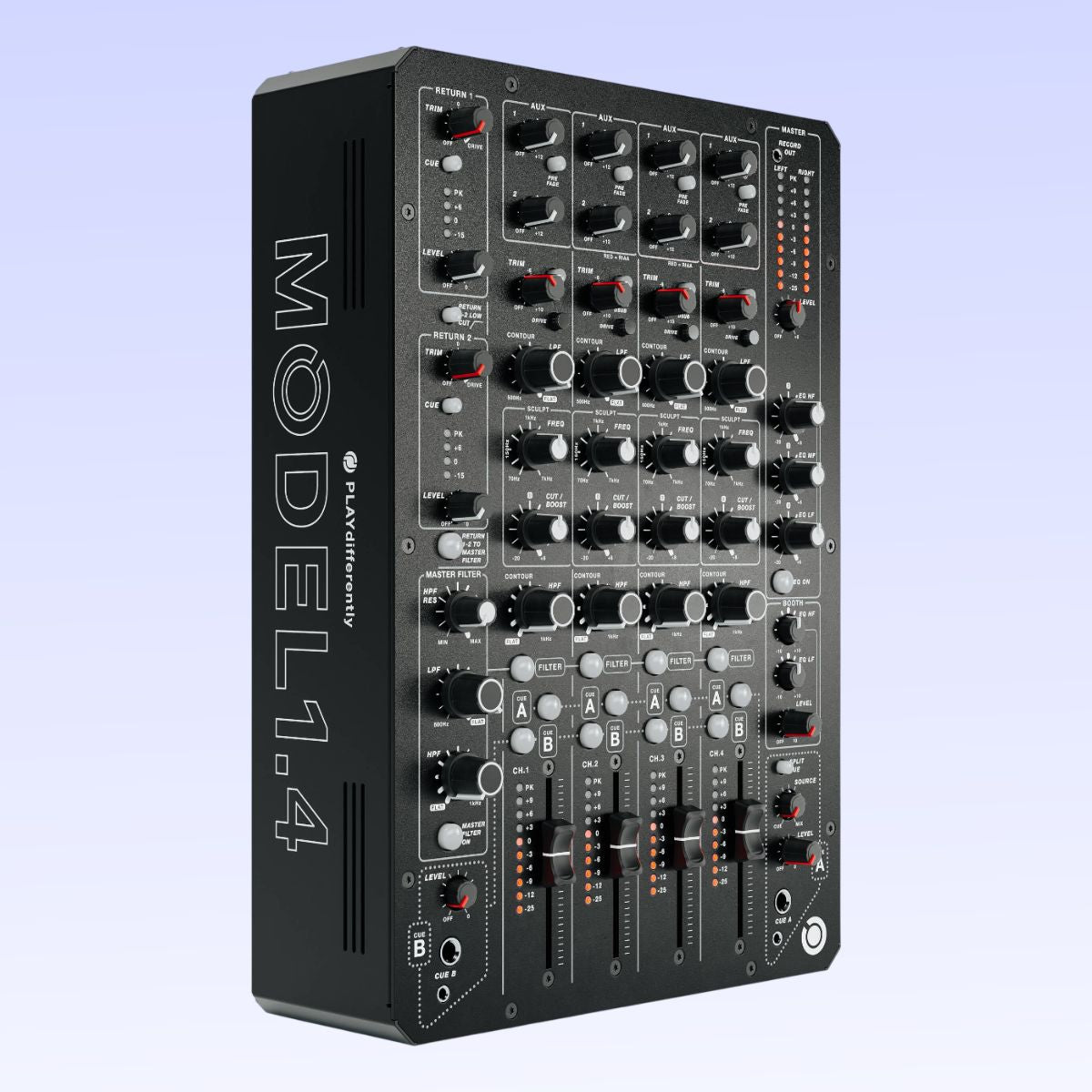 Angled view of PLAYdifferently MODEL 1.4 4-Channel DJ Mixer on purple background