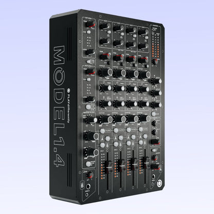 Angled view of PLAYdifferently MODEL 1.4 4-Channel DJ Mixer on purple background