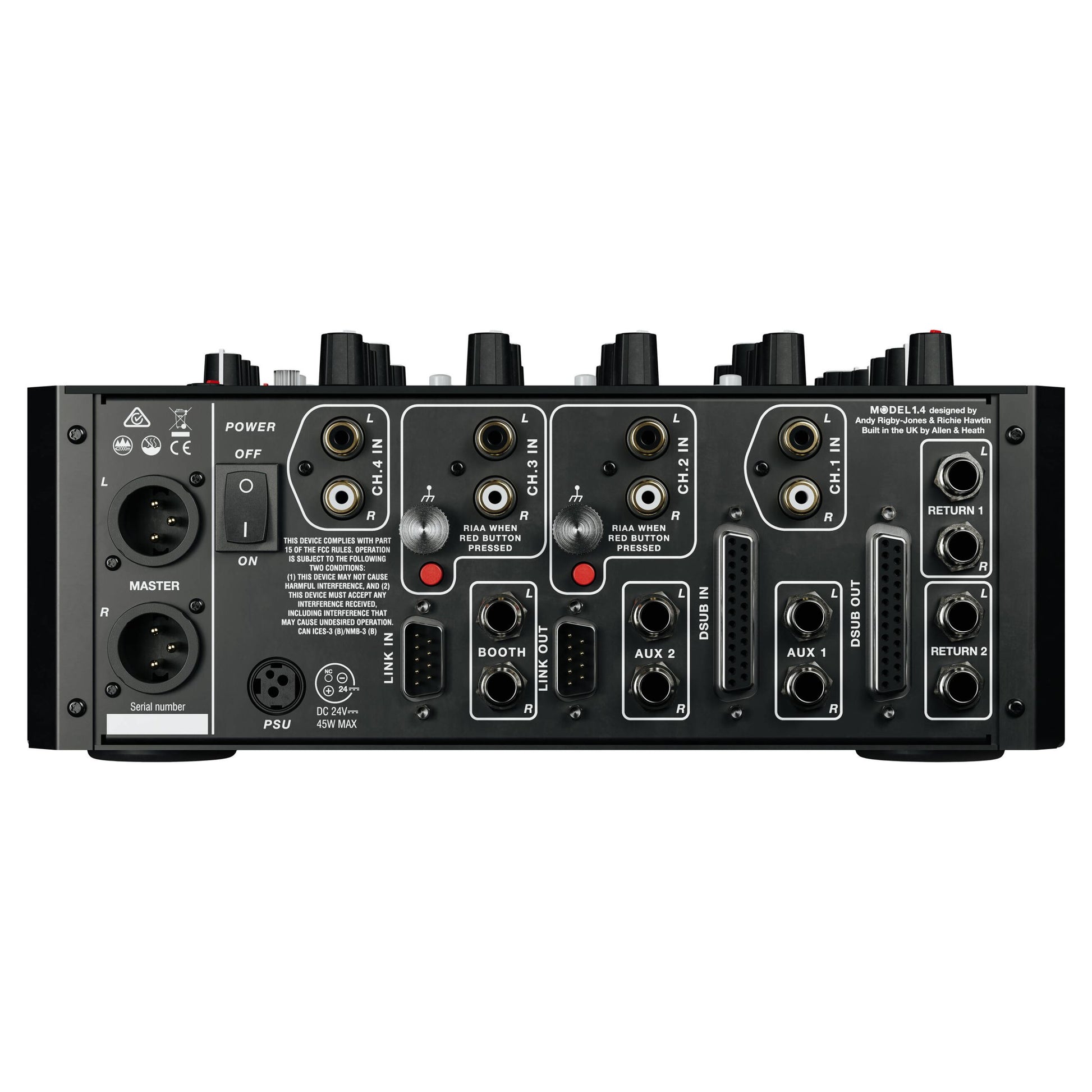 Top ports view of PLAYdifferently MODEL 1.4 4-Channel DJ Mixer on white background