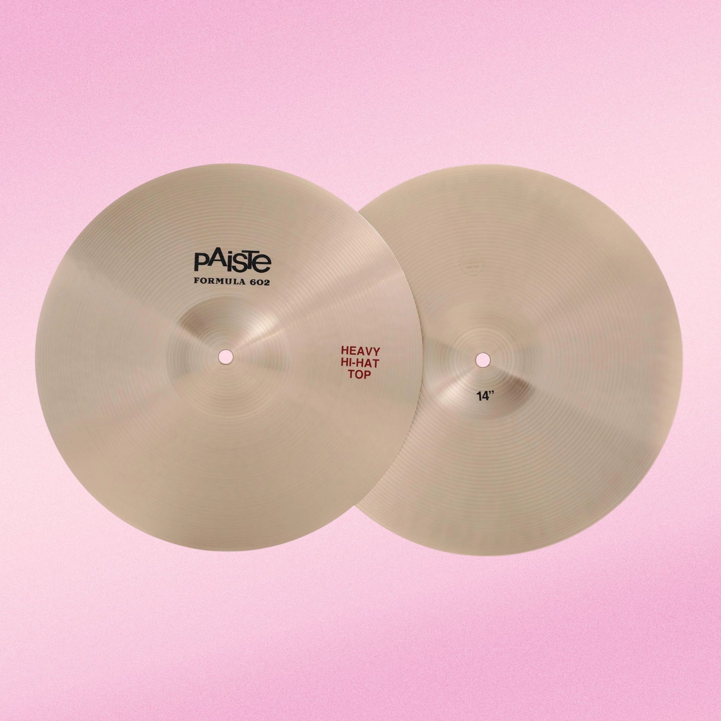 Front view of Paiste 14" Formula 602 Heavy Hi-Hats on pink background